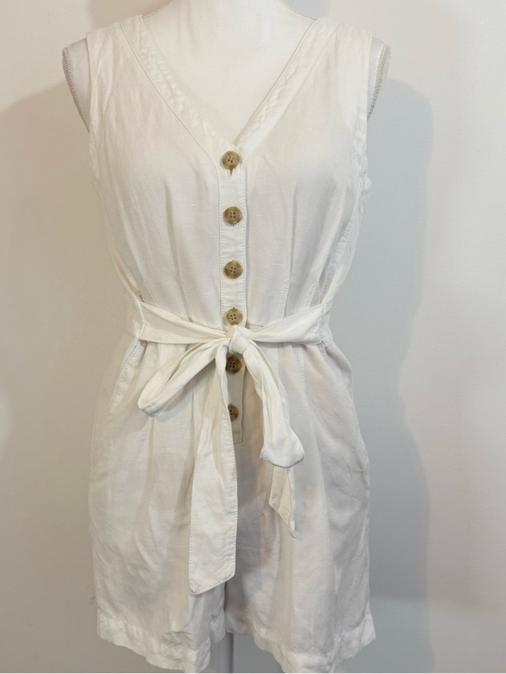LOFT White Sleeveless Button-Front Romper with Tie Waist